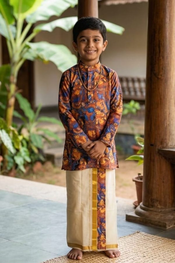 Yellow & Blue Print Kurta & Mundu