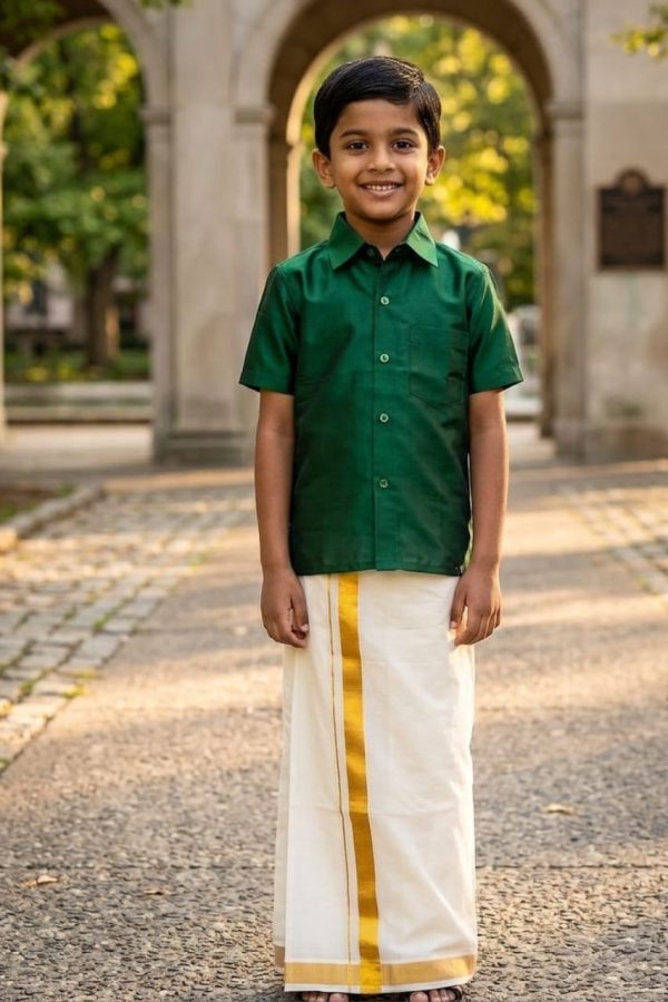 Green Silk Shirt & Tissue Mundu