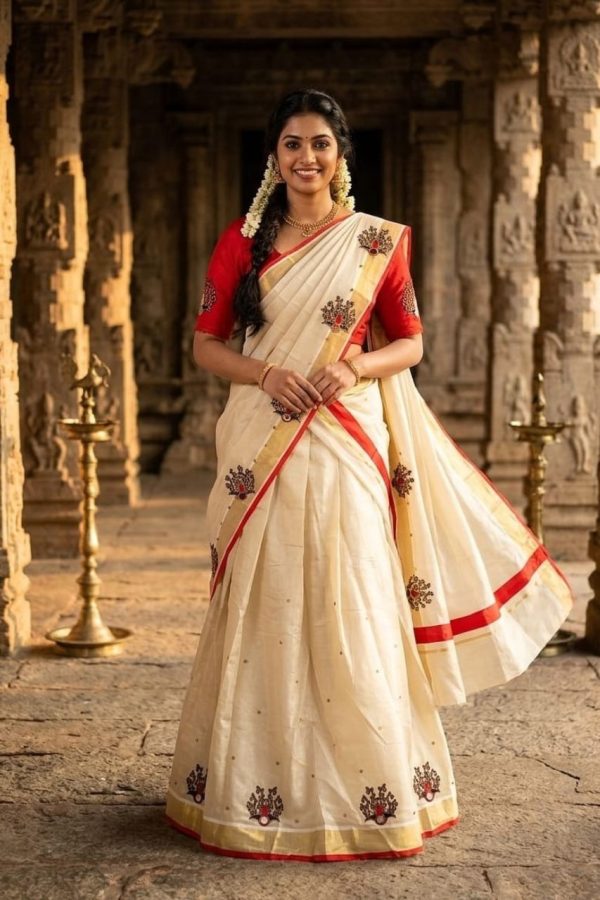 Golden & Red Handwork Dhavani Set