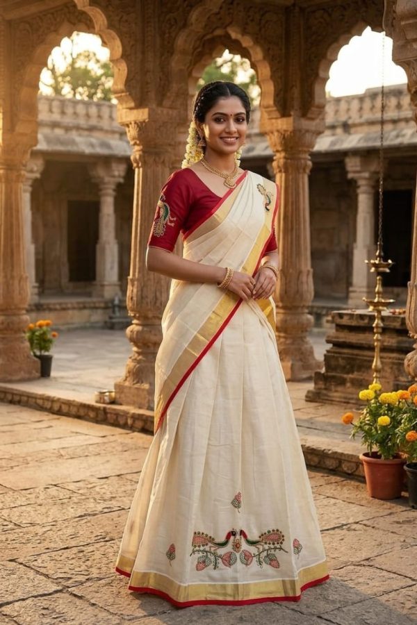 Red & Golden Handwork Tissue Dhavani