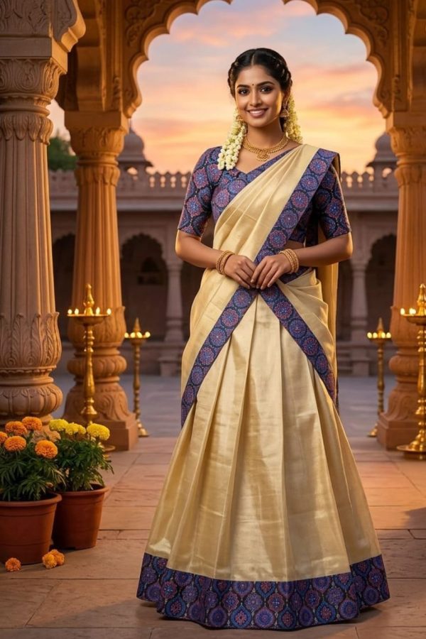 Blue Ajrakh Print Tissue Silk Dhavani Set
