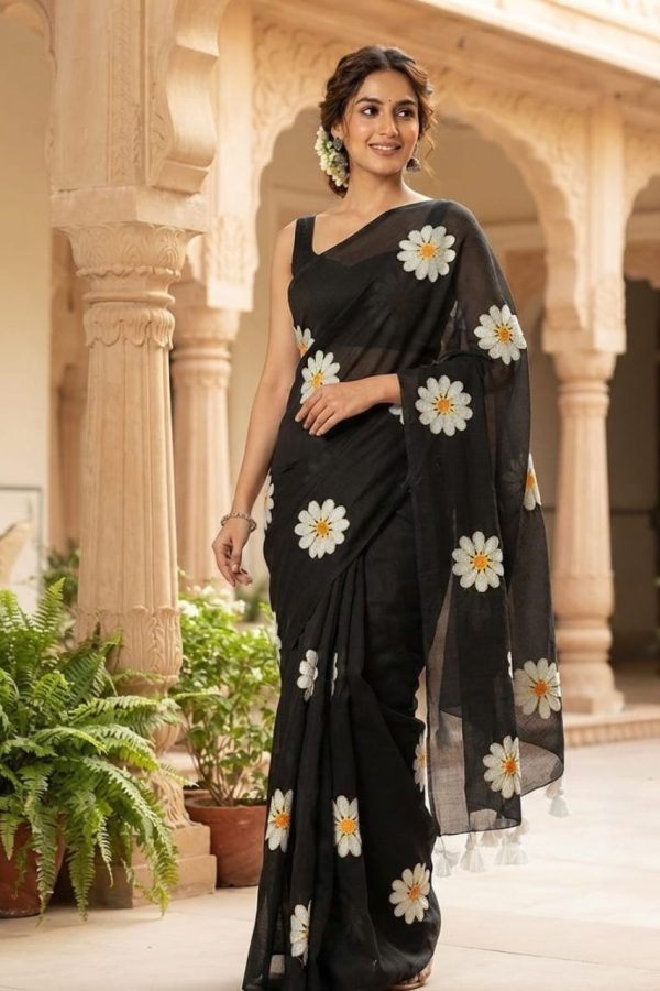 Black Embroidery Floral Mul Cotton Saree