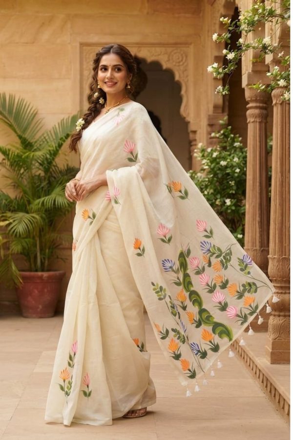 Floral Hand Painted Cream Mul Cotton Saree