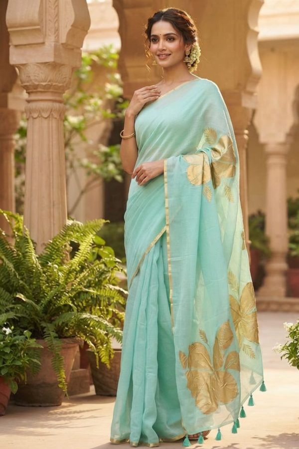 Light Sea Green Floral Hand Painted Mul Cotton saree