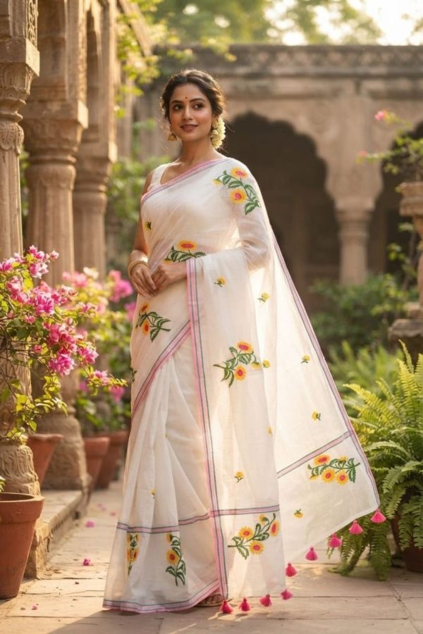 Sunflower Embroidery Off White Mul Cotton Saree