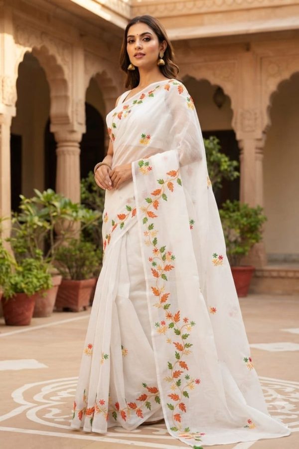 White Saree With Floral Multicolor Embroidery Worked With Tassels