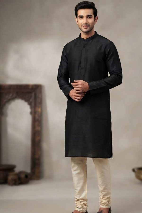 Plain Black Art Silk Kurta