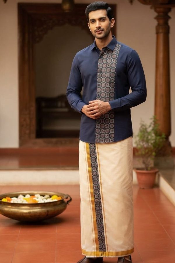Navy Blue Ajrakh Print Shirt & Mundu Combo