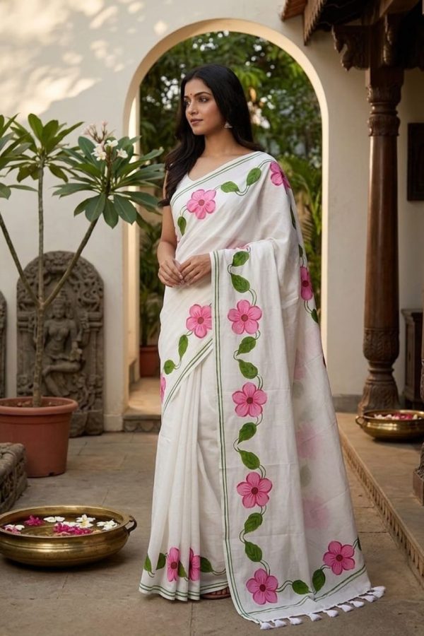 White Floral Hand Painted Mul Cotton Saree With Finished Tassels