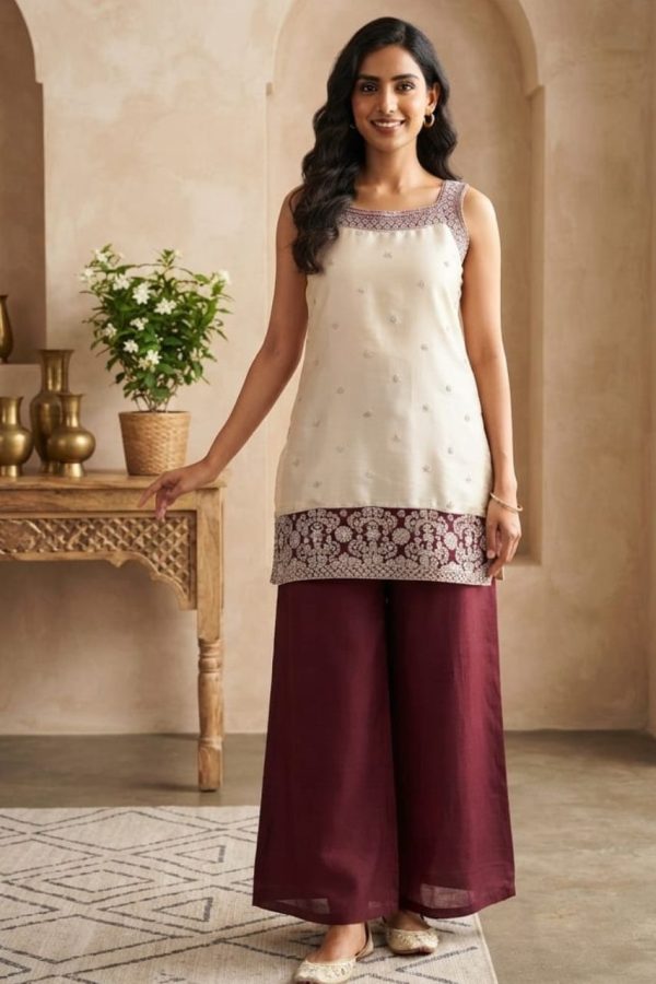 Cream & Burgundy Shade Art Silk Palazzo Suit Set