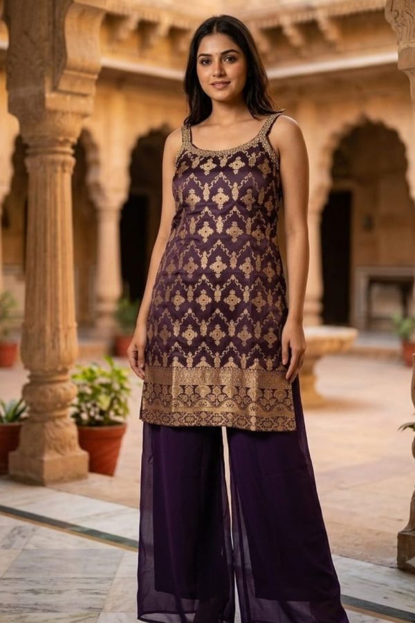 Purple Shade Banarasi Weave Palazzo Suit Set