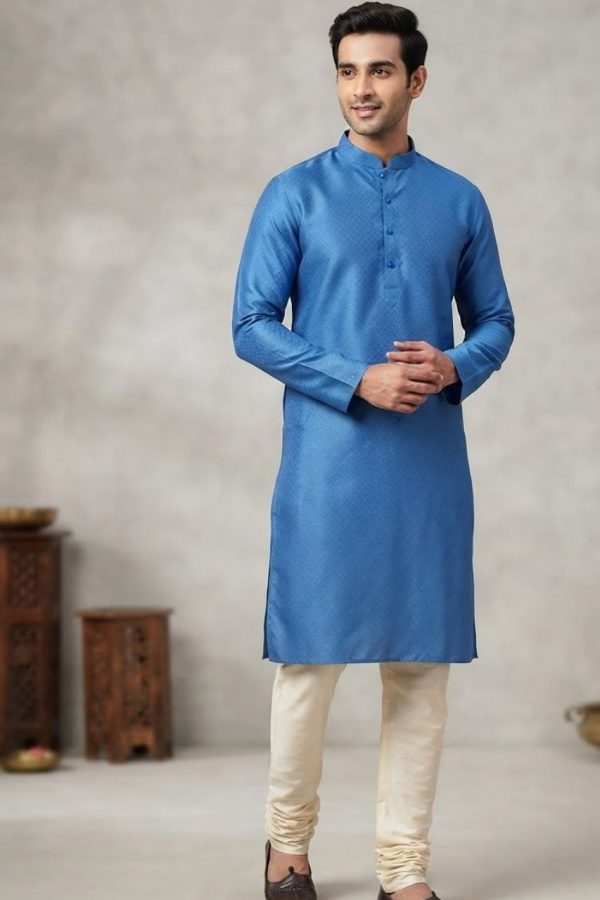 Brocade Royal Blue Silk Kurta