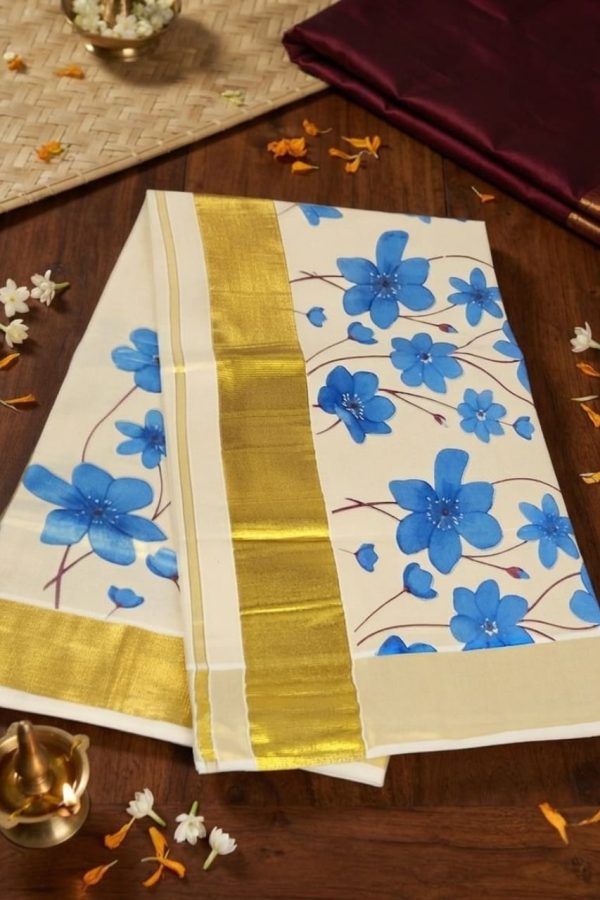 Blue Shade Tissue Silk Floral Set Saree With Golden Border