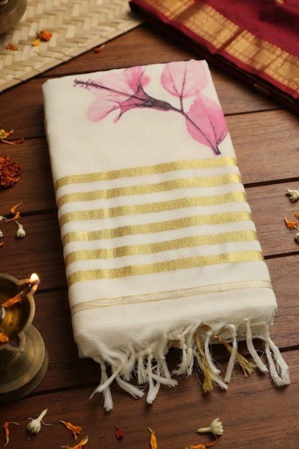 Pink Shade Digital Floral Print Cotton Set Saree