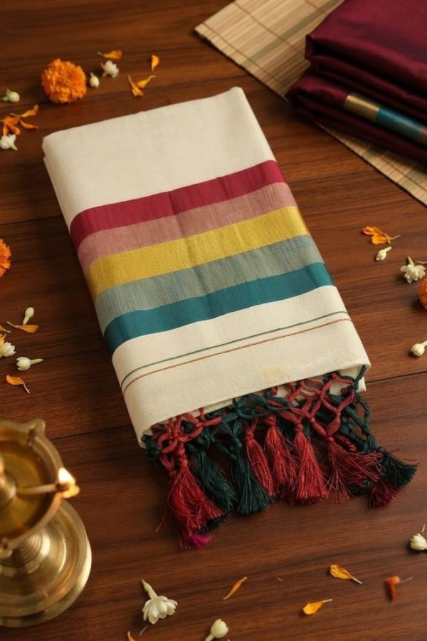 Multicolor Tissue Silk Saree With Green & Red Tassels