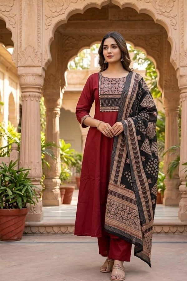 Maroon Shade Kalamkari Print Cotton Anarkali Suit Set