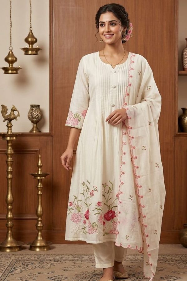 Off White Floral Embroidery Anarkali Suit Set With Dupatta