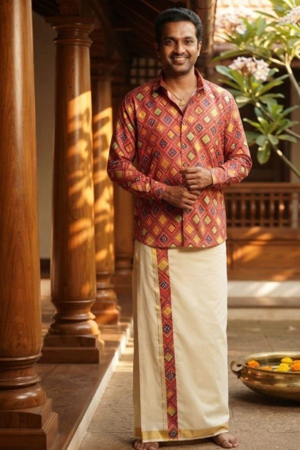 Red And Golden Geometrical Shirt And Mundu Combination