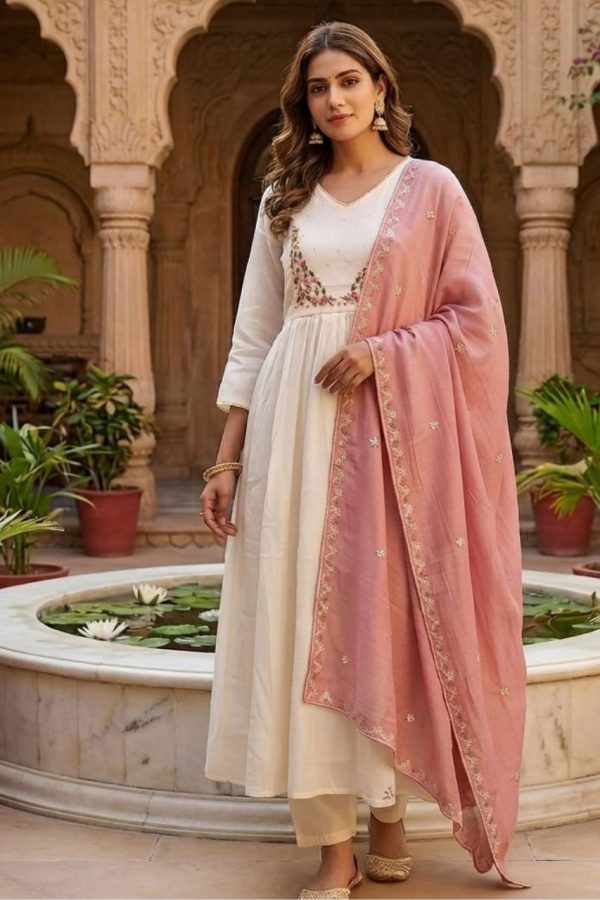 Off White Anarkali Suit With Embroidery Work With Dupatta