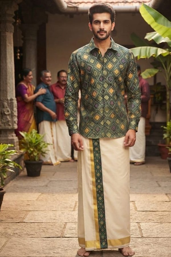 Green Geometrical Pattern Shirt And Mundu Combo