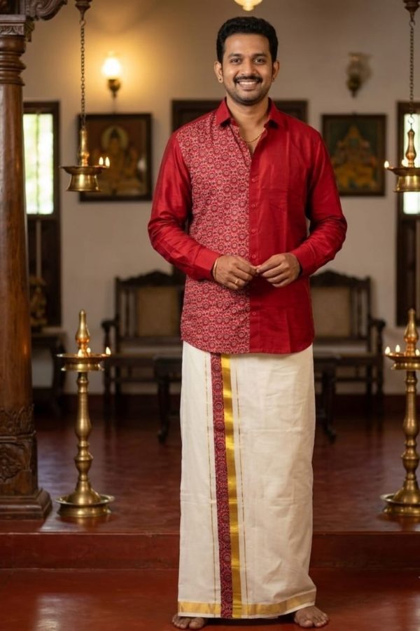 Theyyam Design Shirt And Mundu Combo In Red Shade