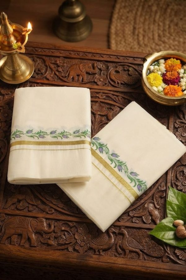 Purple Floral Print Set Mundu With Golden Border