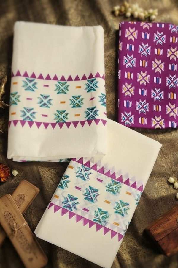 Purple Digital Print Cotton Set Mundu With Blouse