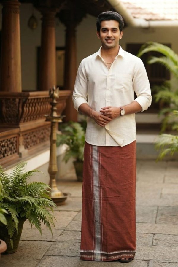 Maroon Dhoti With Silver Border