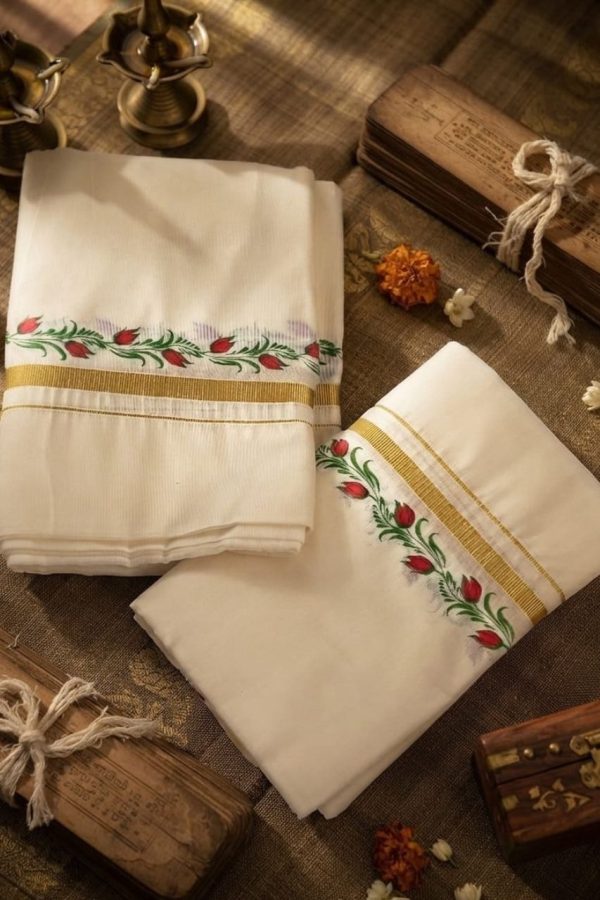 Red & Green Floral Print Set Mundu With Golden Border