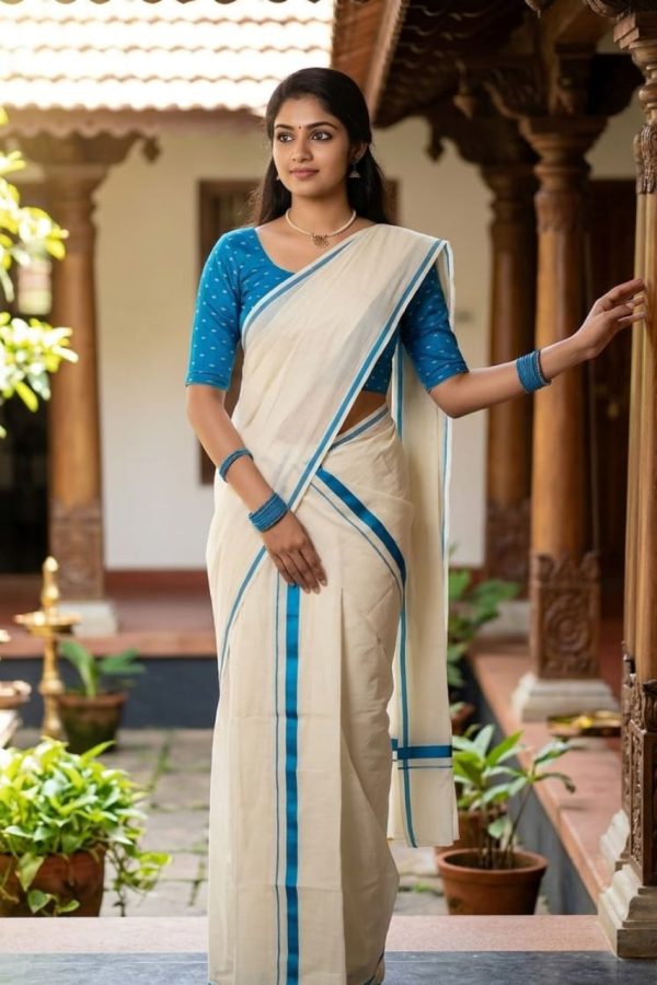 Blue Shade Puliyirakara Set Mund With Blouse
