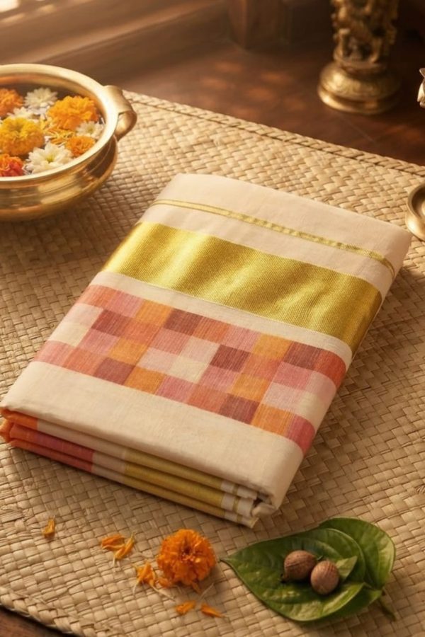 Madras Kattam Check Tissue Silk set Saree With Golden Border