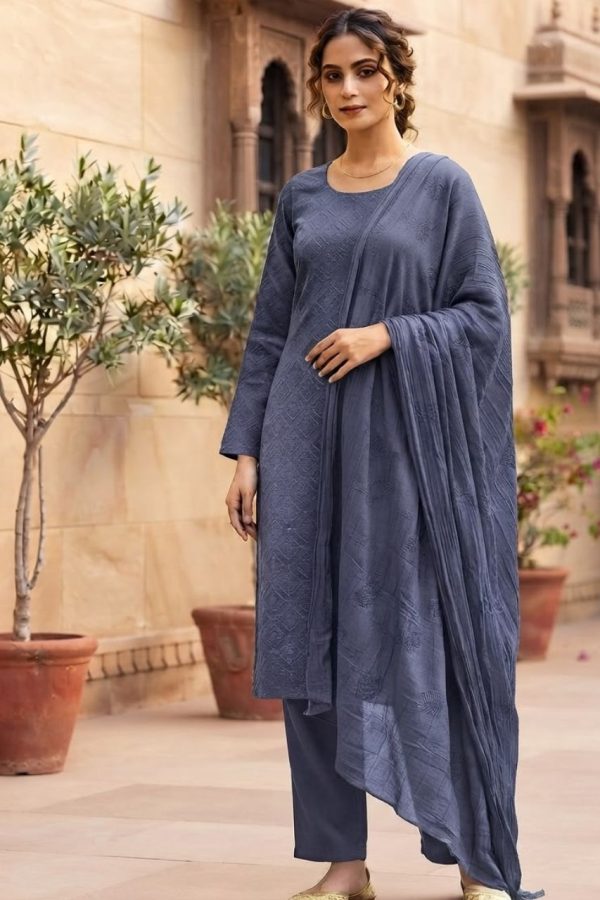 Gray Chanderi Salwar Suit Set With Embroidery Work
