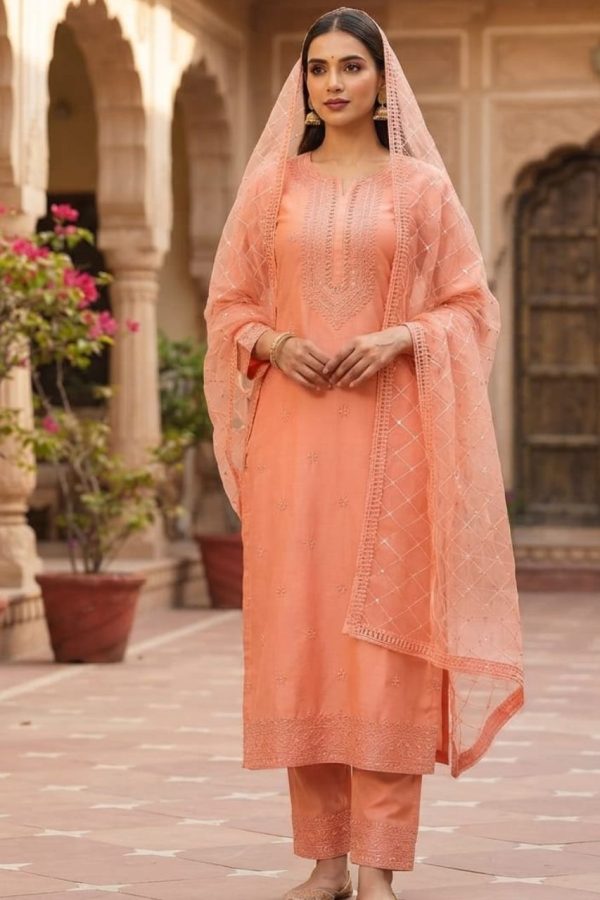Rose Soft Silk Salwar Suit Set With Organza Dupatta