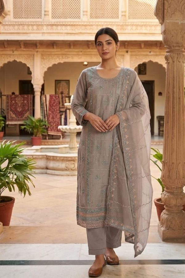 Light Gray Organza Salwar Suit Set With Dupatta