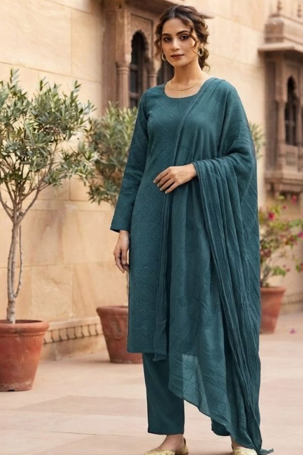 Sea Green Embroidery Chanderi Suit Set With Dupatta