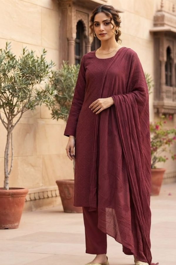 Maroon Soft Chanderi Silk Salwar Suit Set With Dupatta