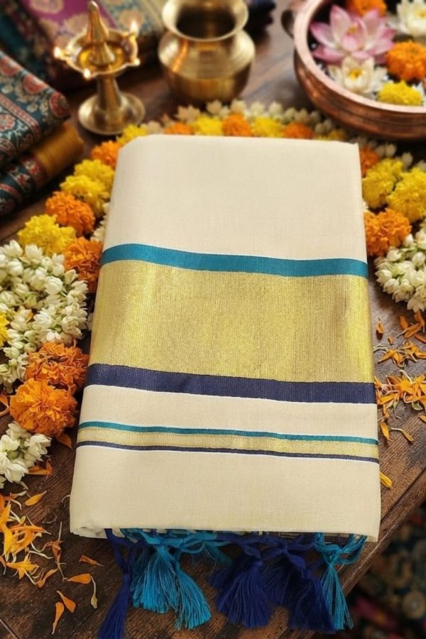 Golden Tissue Silk Set Saree With Teal & Blue Border With Finished Tassels