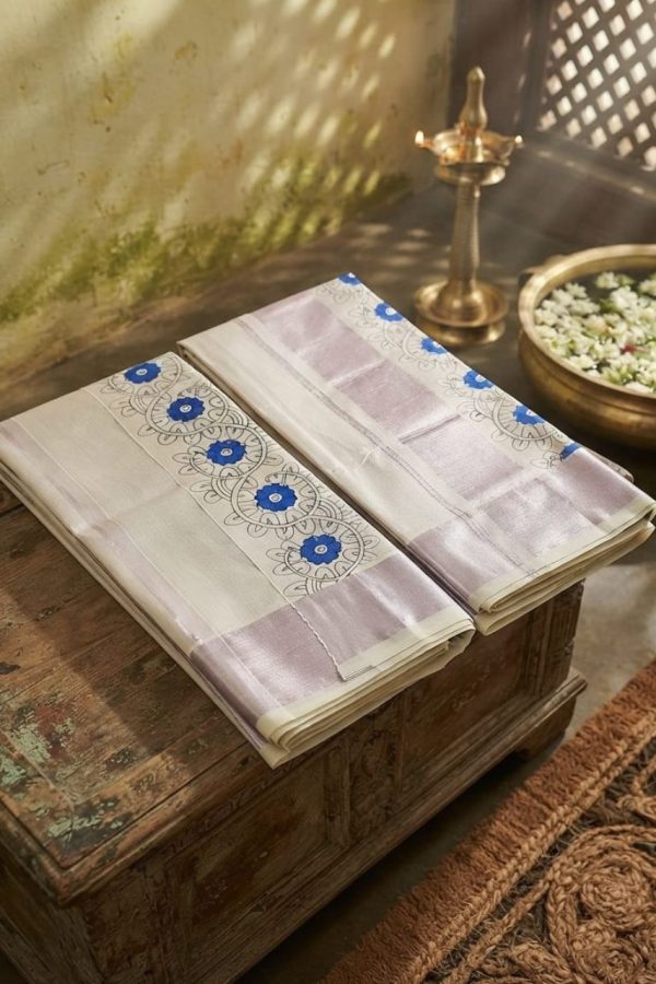 Blue Floral Rose Gold Tissue Silk Set Mundu