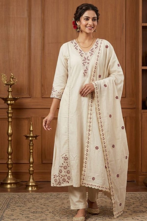 Cream Shade Embroidery Mul Chanderi Anarkali Suit Set