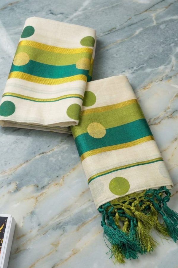 Polka Dot Tissue Silk Set Mundu In Shades Of Green