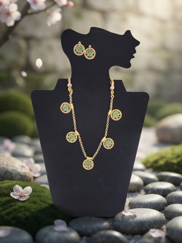 Green Color Lotus Design Necklace Set With Earring