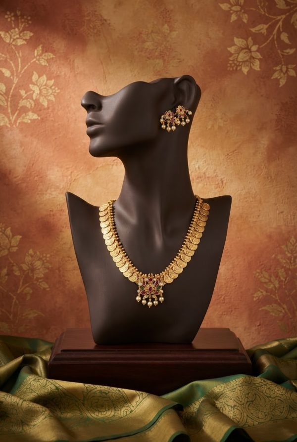 Flower Pendant Coin Choker Set With Earrings