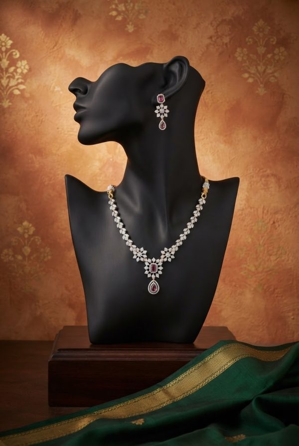 Ruby Stone Necklace Set In Gold Plated With Earrings