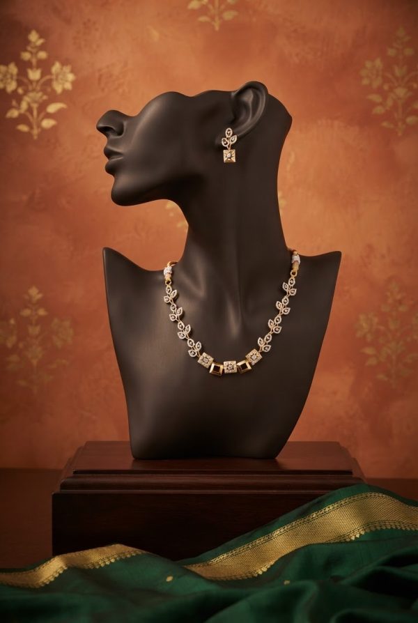Floral Style Pattern Gold Plated Necklace Set With Stone