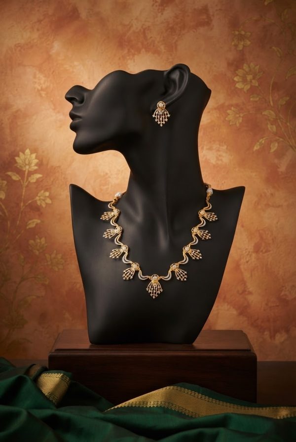 Floral Design Gold Plated White Stone Necklace Set With Earrings