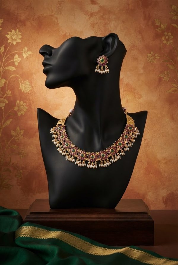 Multicolor Floral Pattern Choker Necklace Set With Earrings