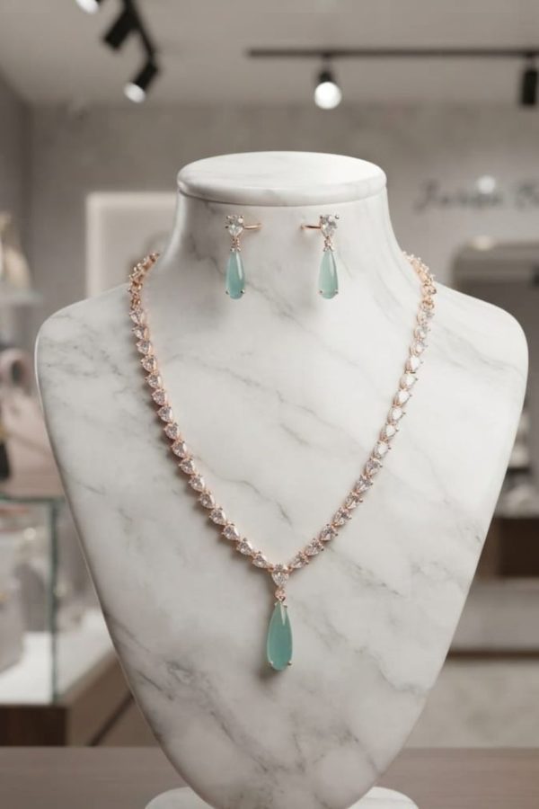 Mint Green Pendant Necklace Set With Rose Gold Chain