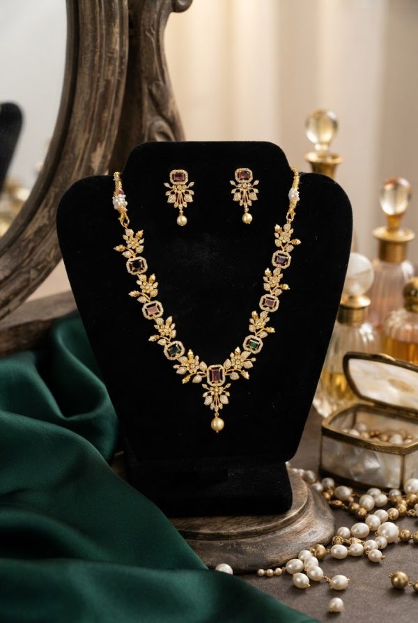 Multicolor Floral Stone & Beads Necklace Set With Earrings