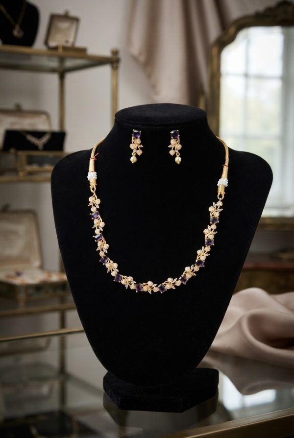Purple Stone With Floral Design Necklace Set With Earrings