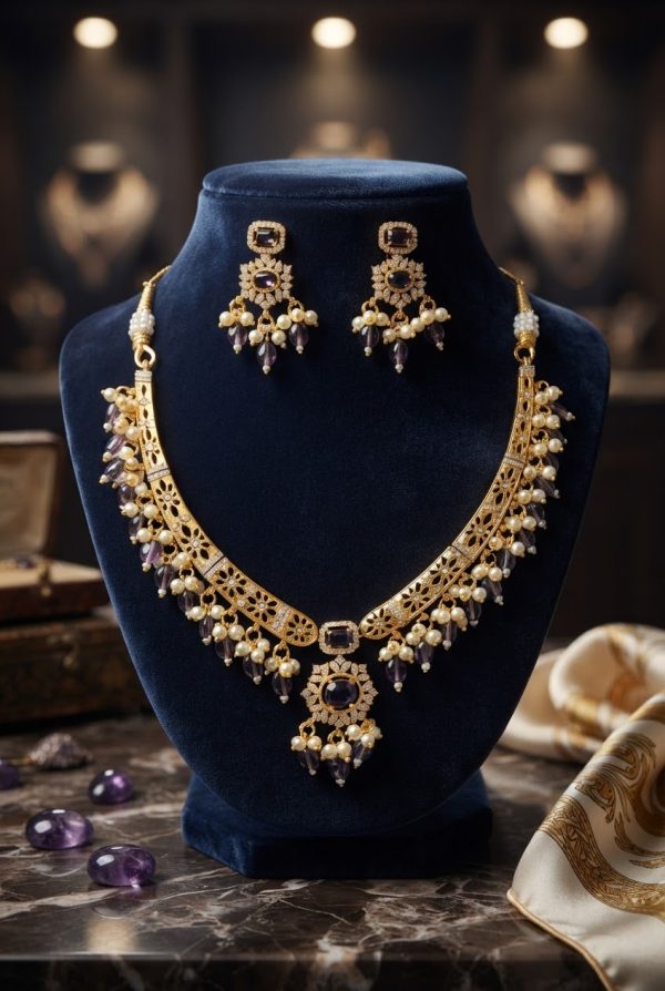 Round Choker Style Necklace With Purple Stone & Beads
